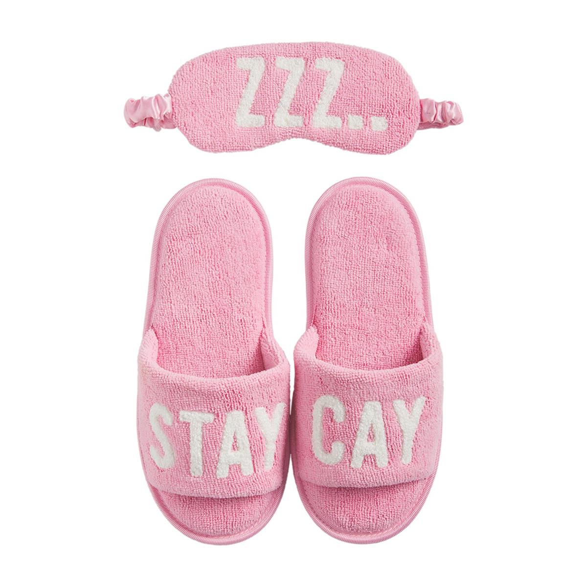 Pink Embroidered Terry Cloth Slipper and Sleep Mask Set for Relaxing