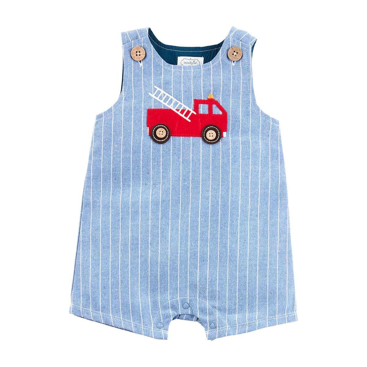 Hot Deal! Mud Pie Chambray Fire Truck Jon Jon with Pinstripes