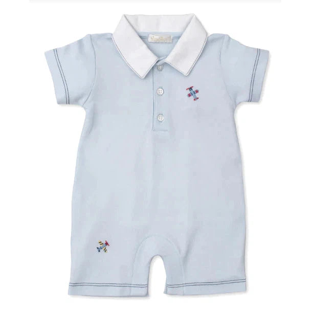 Light Blue Kissy Kissy Hand-Embroidered Airplane Playsuit