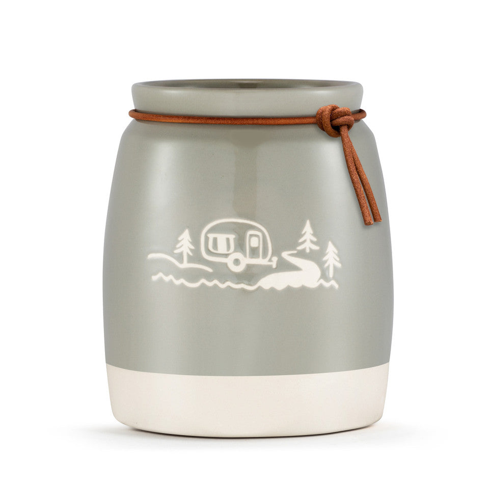 Demdaco Regional Living Gray Stoneware Leather Lake Crock for Home Decor