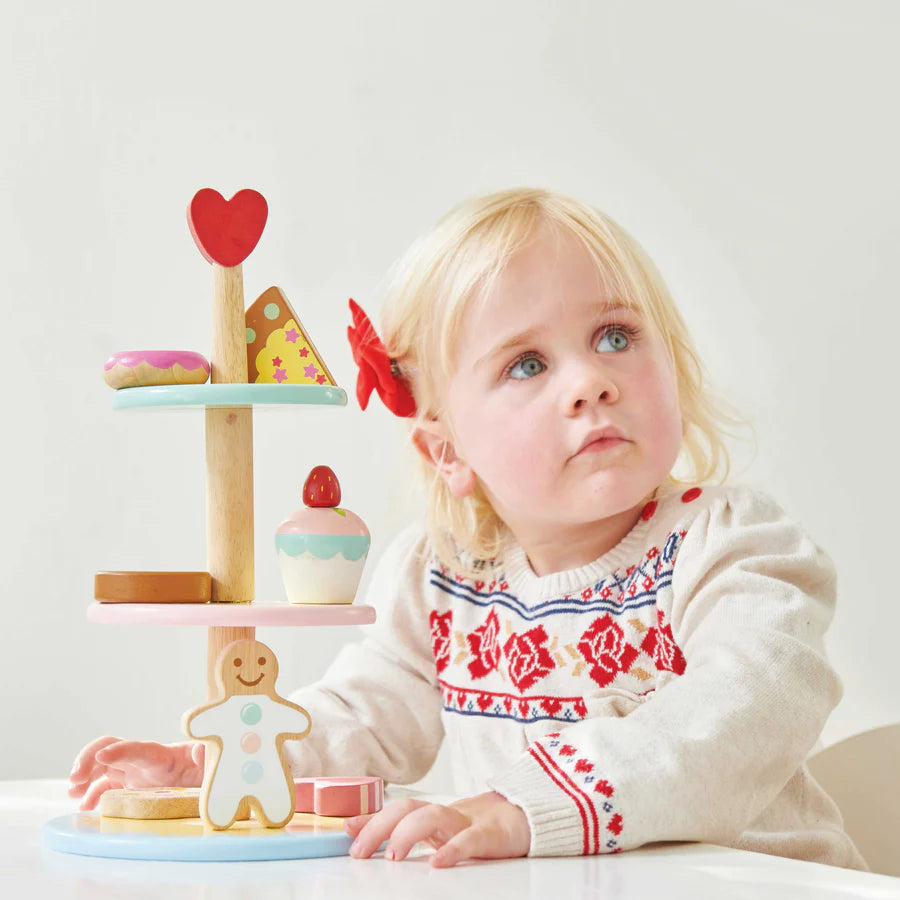 Le Toy Van's Three - Tier Wooden Patisserie Cake Stand Set with 7 Detailed Cakes for Kids