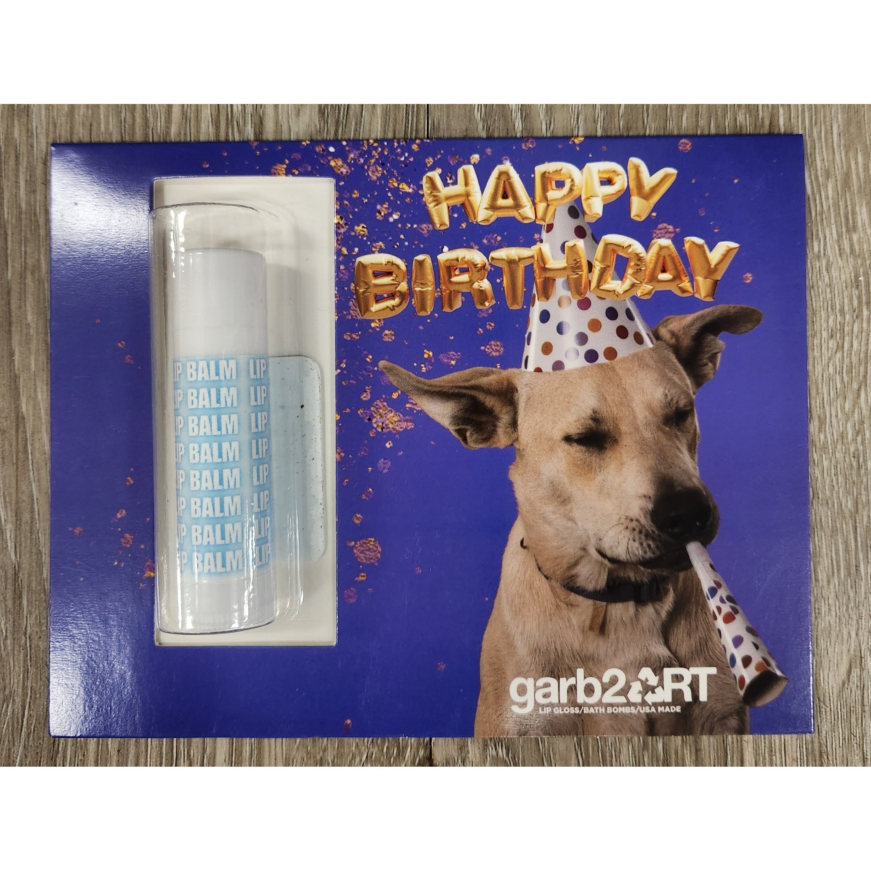 Special Offer! Garb2Art Purple Dog Happy Birthday Lip Balm Card