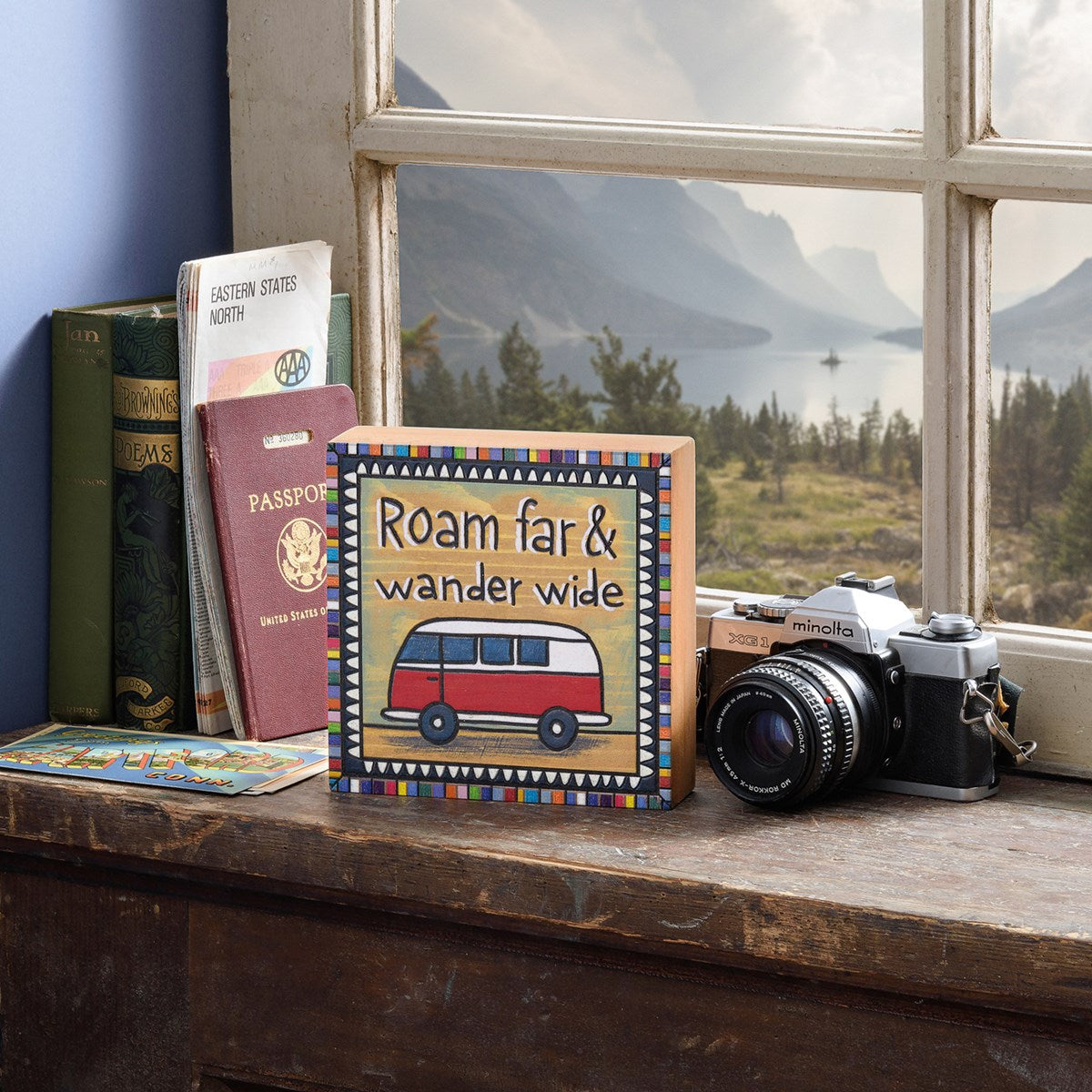 Hot Deal! Primitives By Kathy Wooden Box Sign with 'Roam Far & Wander Wide' Design