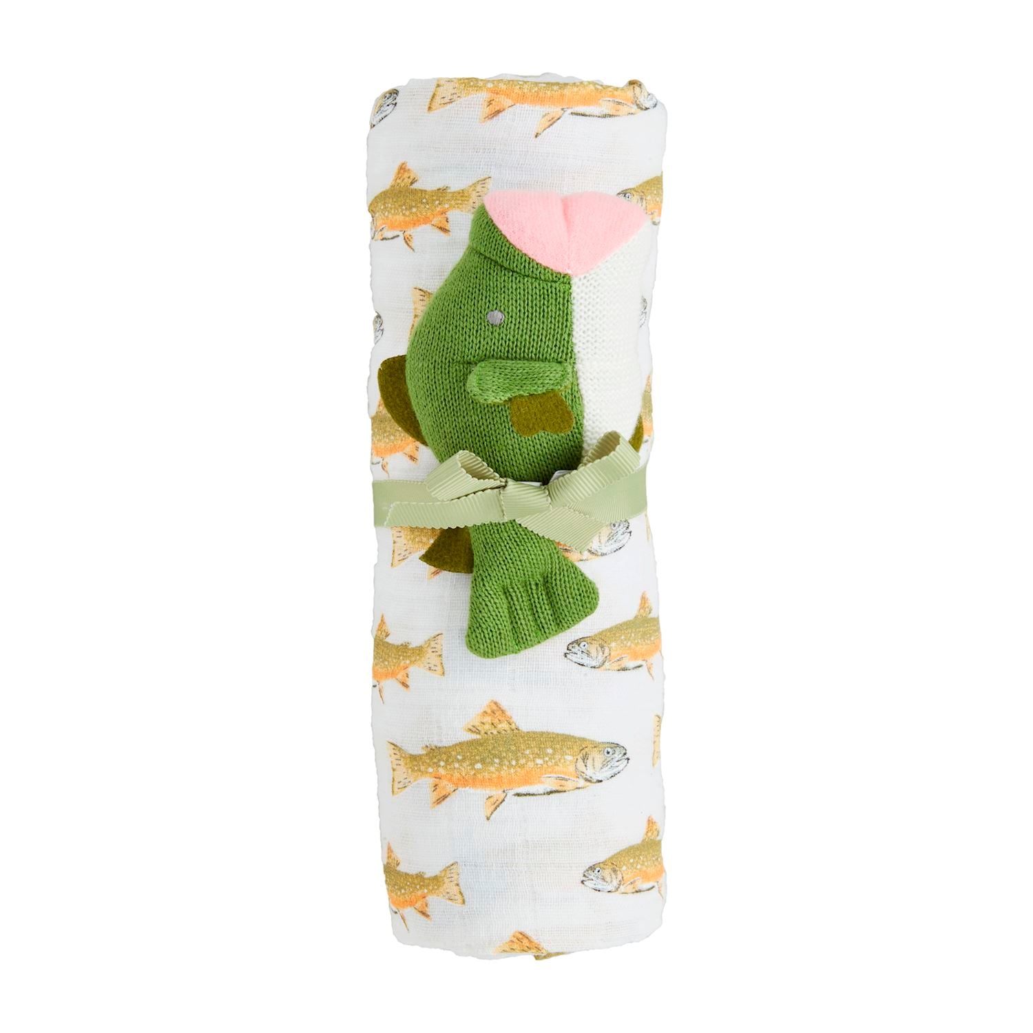 Mud Pie Soft Linen Fish-themed Swaddle Blanket & Knit Rattle Combo Set