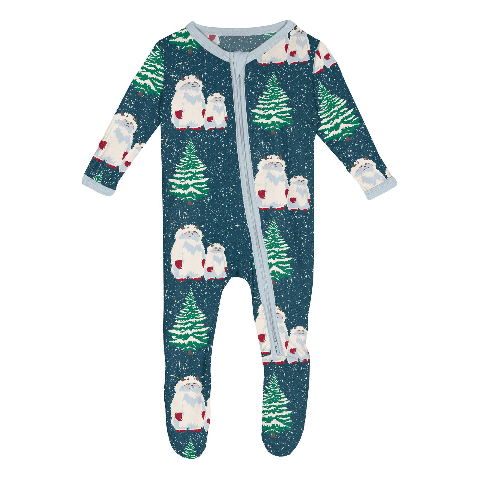 Hot Sale! Kickee Pants Peacock Yeti Print Baby Zipper Footie Onesie