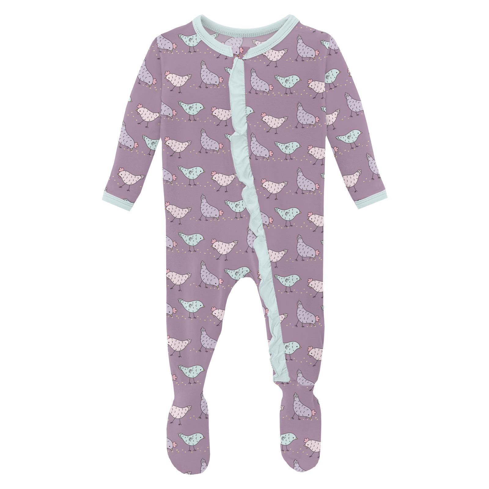 Kickee Pants Lavender Chickens Classic Ruffle Footie with 2-Way Zipper - Hot Deal