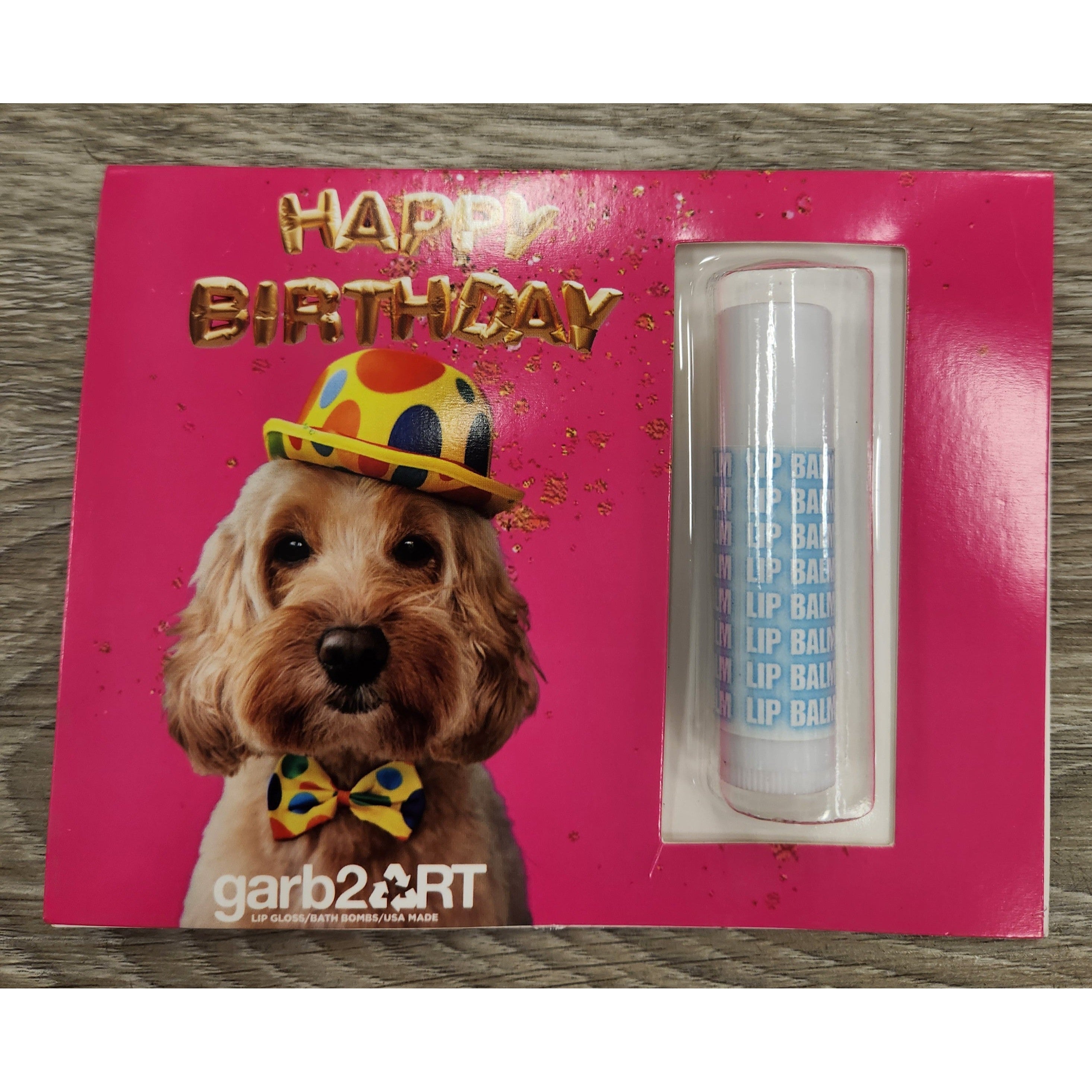 Garb2Art Pink Dog Design Happy Birthday Lip Balm Card