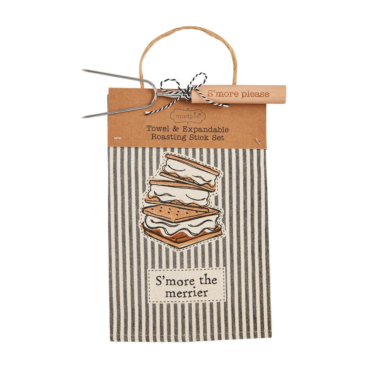 Mud Pie Premium S'more Canvas Towel and Stainless Steel-Wood Roasting Skewer Sets