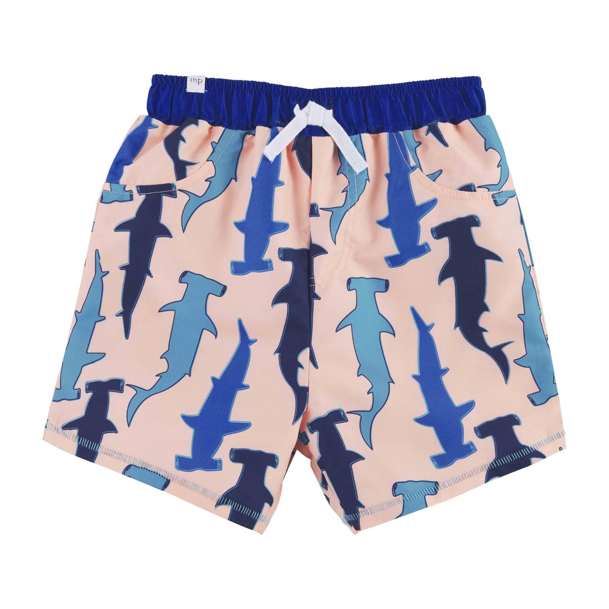 Mud Pie Boys' Peached Nylon Shark Sail Boat Pattern Swim Trunks