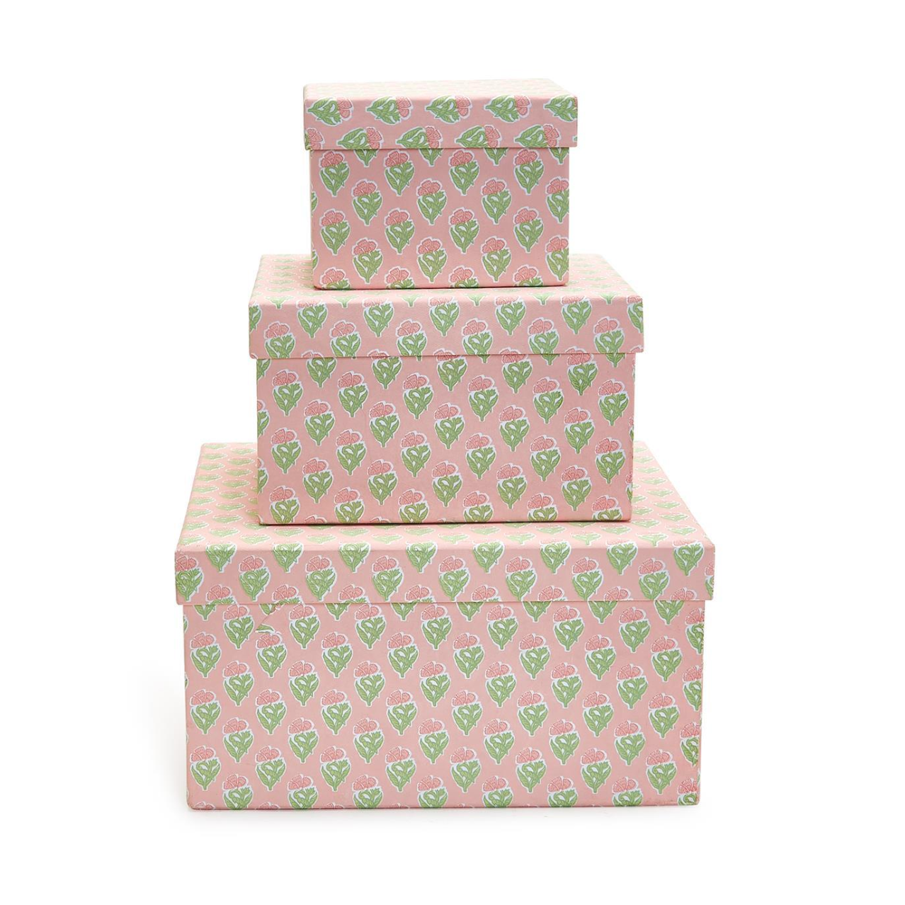 Stylish Floral Block Print Set of 3 Nested Cotton Paper Boxes