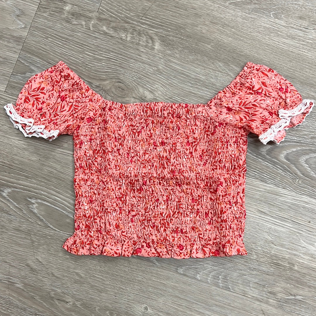 Hot Deal! Bela & Nuni Pink Leaves Elastic Top with Ruffle Sleeves