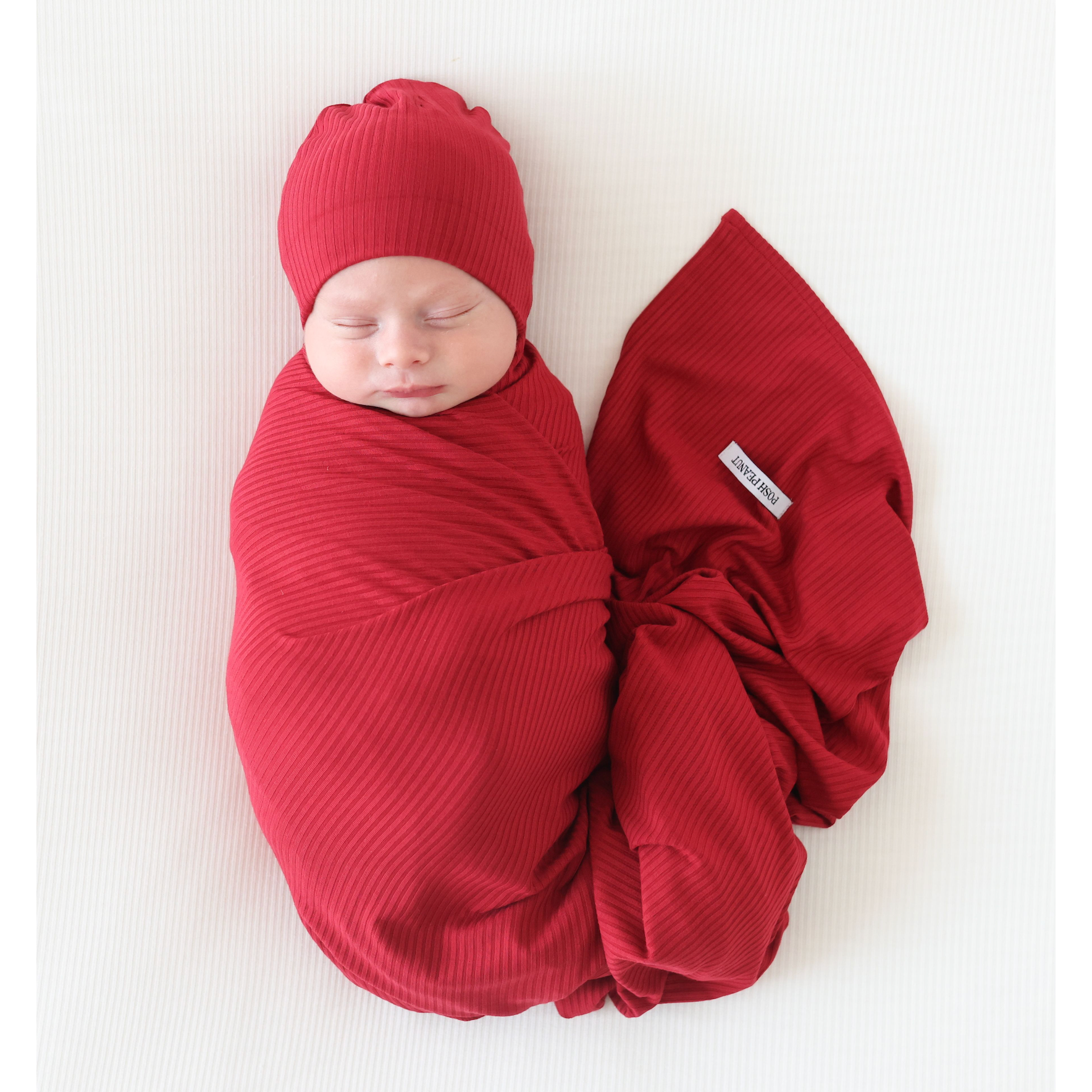 Posh Peanut Infant Dark Red Ribbed Swaddle and Matching Beanie Set