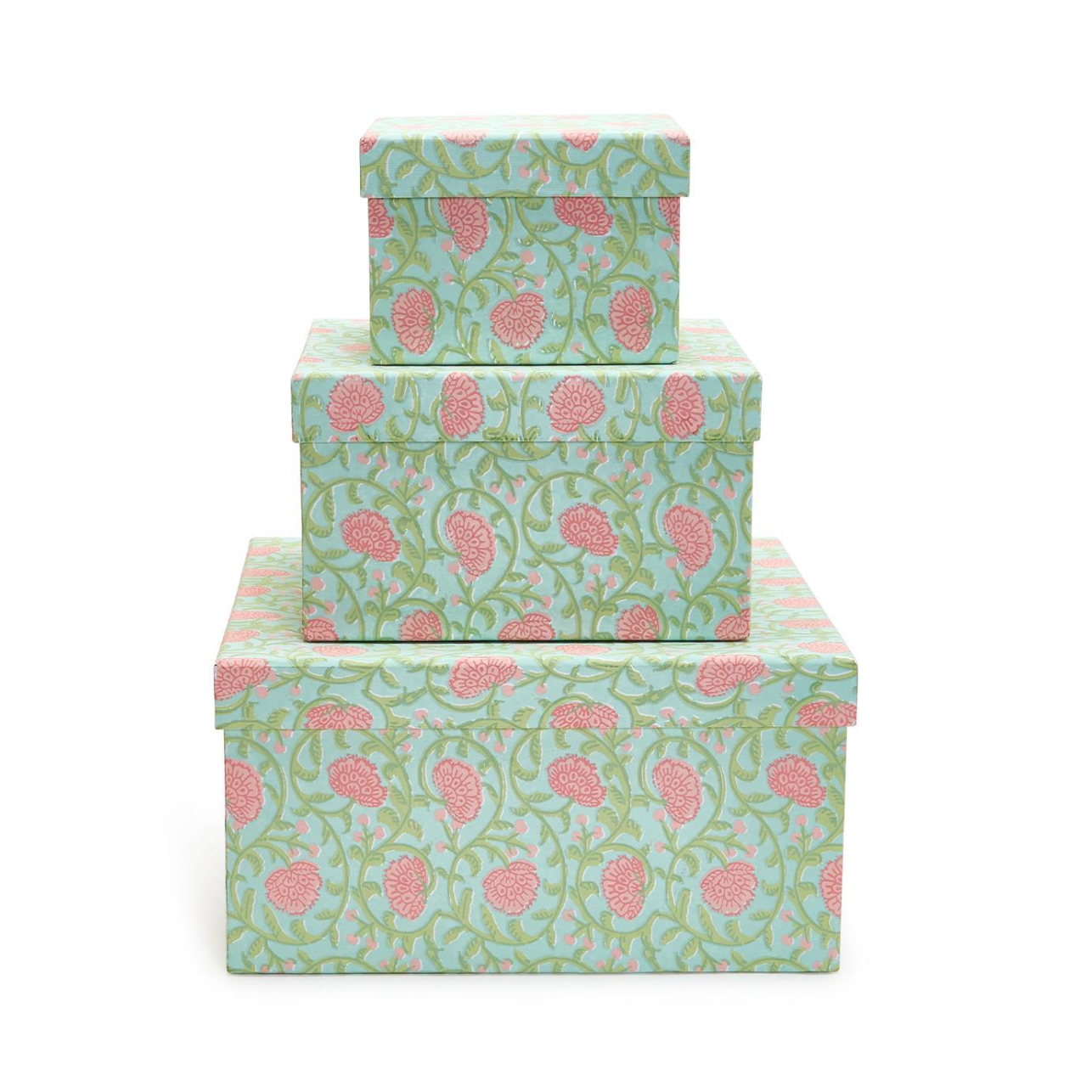 Stylish Floral Block Print Set of 3 Nested Cotton Paper Boxes
