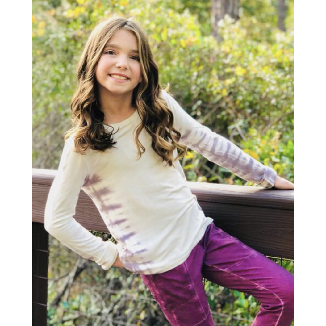 Trendy Cream Tie - Dye Sleeve Paper Flower Top for Tweens