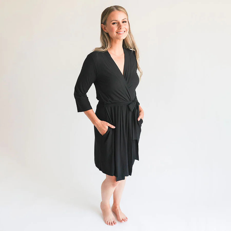 Black Solid Ribbed Luxury Mama Robe by Posh Peanut