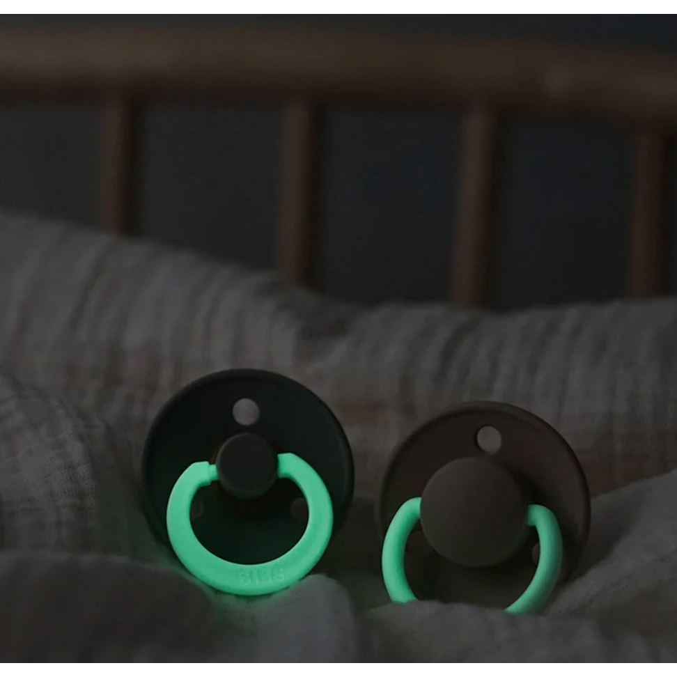 BIBS Colour Collection Glow Round Natural Pacifier Set - 2 Pack in Iron GLOW & Baby Blue GLOW