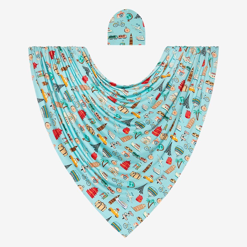 Posh Peanut Breathable Infant Swaddle and Matching Beanie Set - Around the World Theme