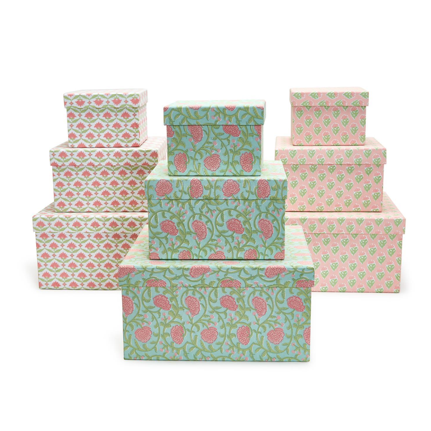 Stylish Floral Block Print Set of 3 Nested Cotton Paper Boxes