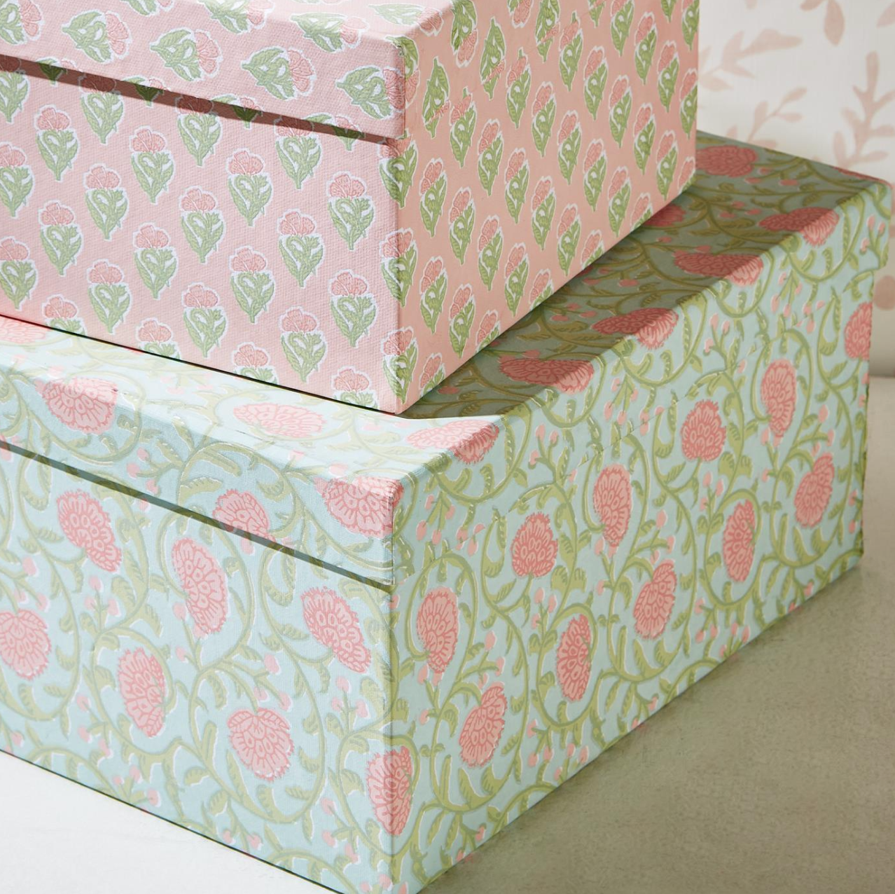 Stylish Floral Block Print Set of 3 Nested Cotton Paper Boxes