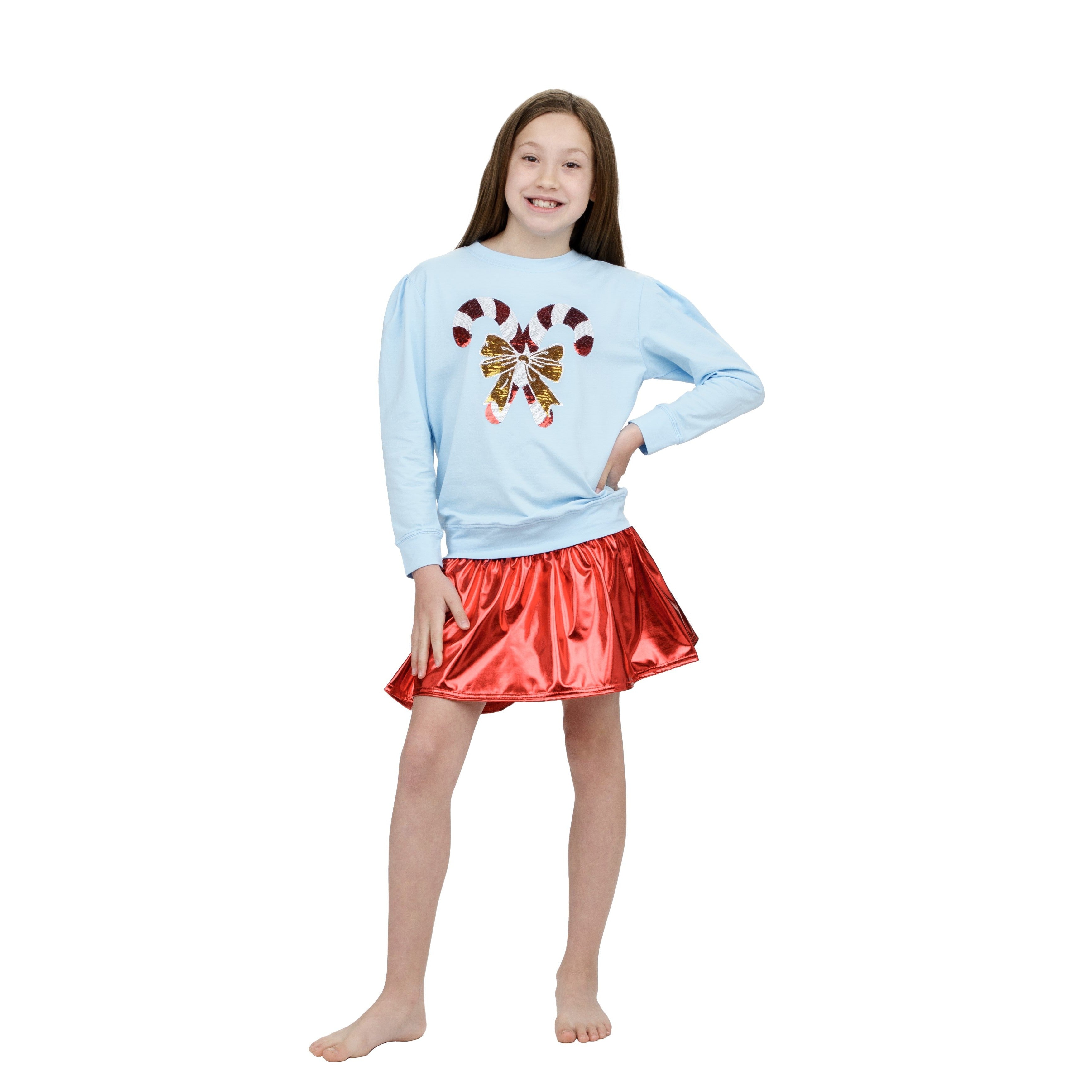 Azarhia Light Blue Christmas Holly Sequin Candy Canes Sweatshirt - On Sale