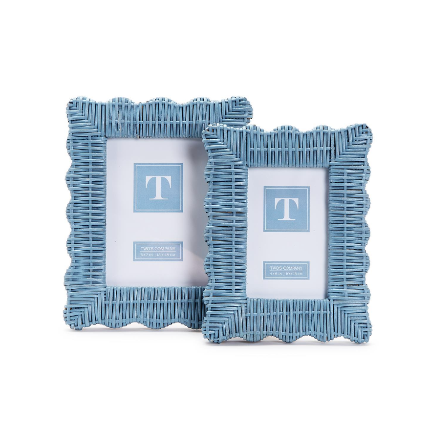 Two's Company 5 x 7 Blue Rattan Woven Photo Frame with Rustic Elegance