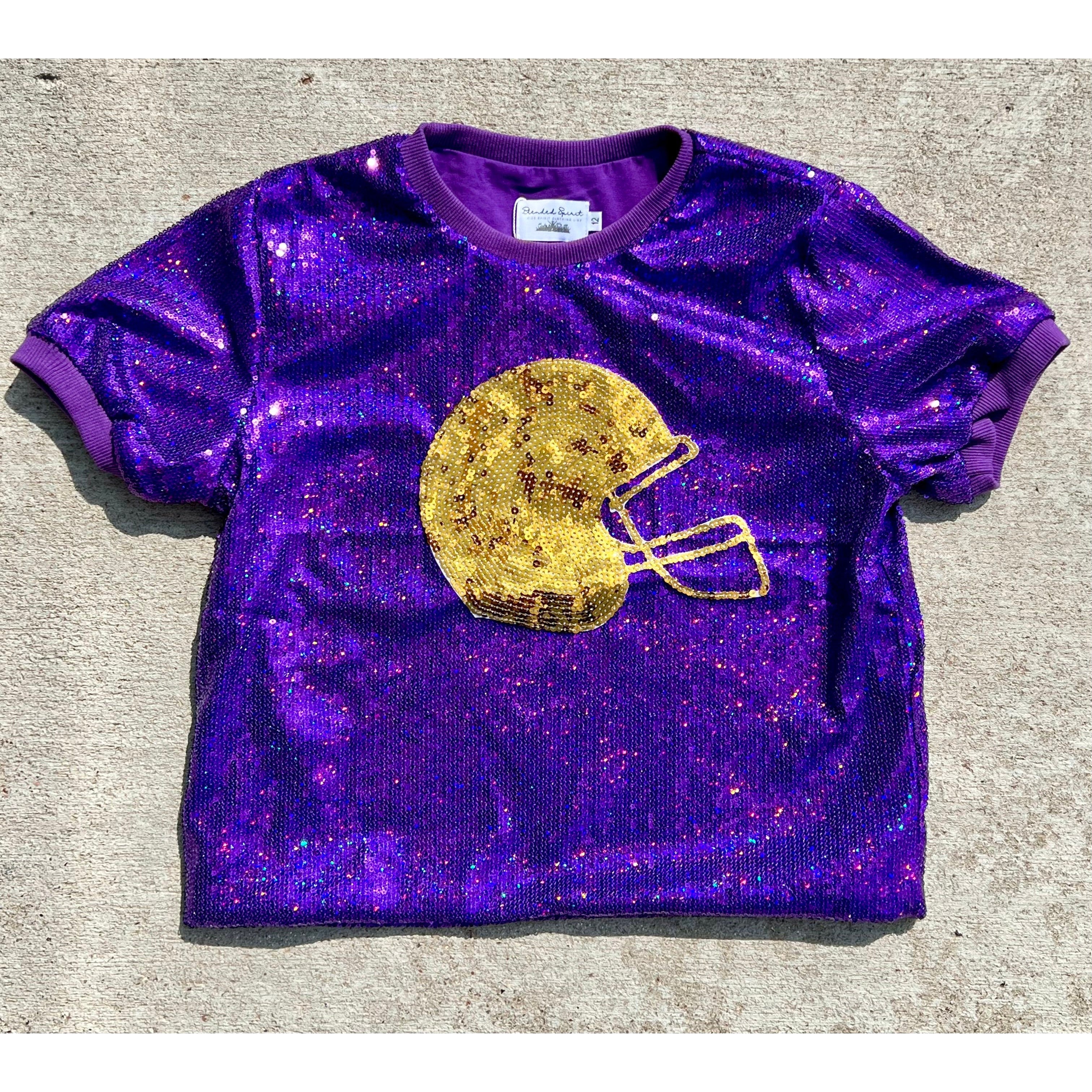 Hot Sale! Blended Spirit Purple and Gold Helmet Sequins Women's Tops for Game Day