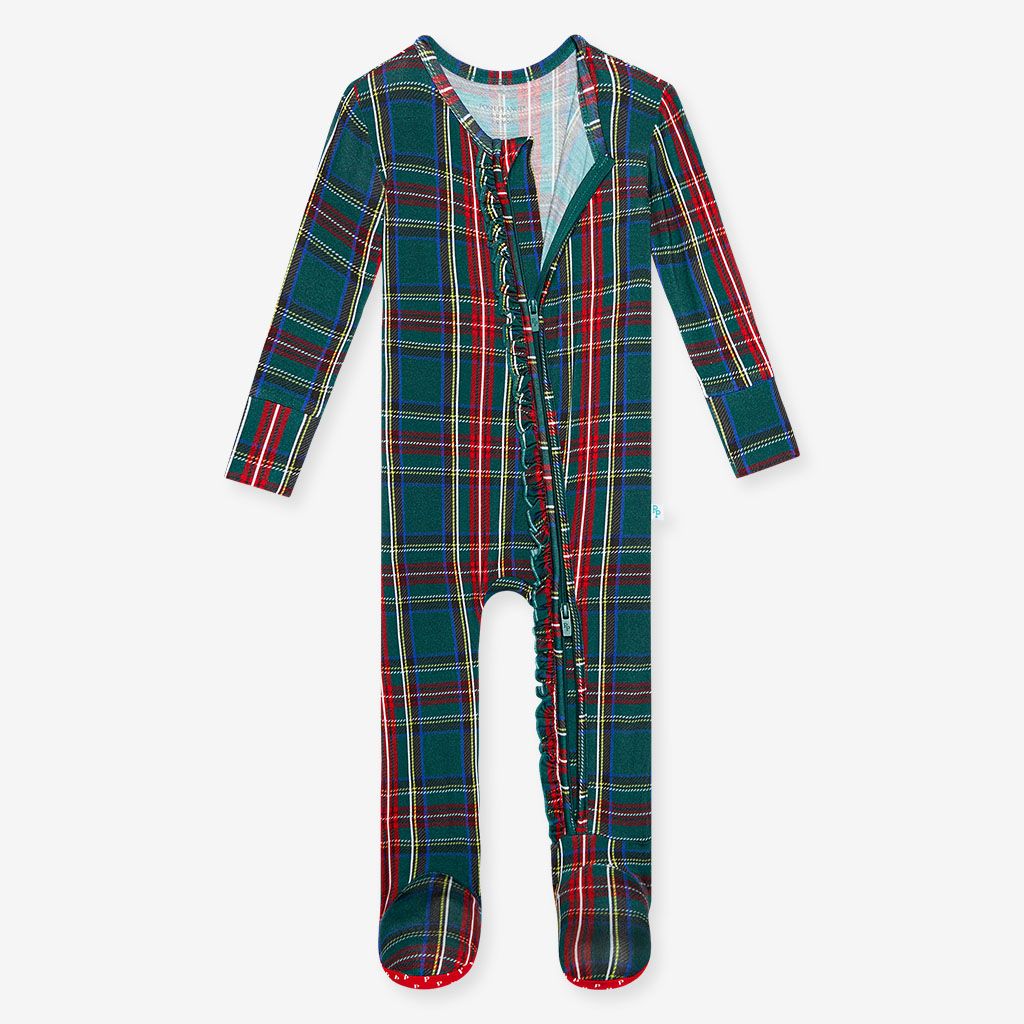 Posh Peanut Ultra-Soft Tartan Plaid Ruffled Zippered Footie One-Piece Pajamas