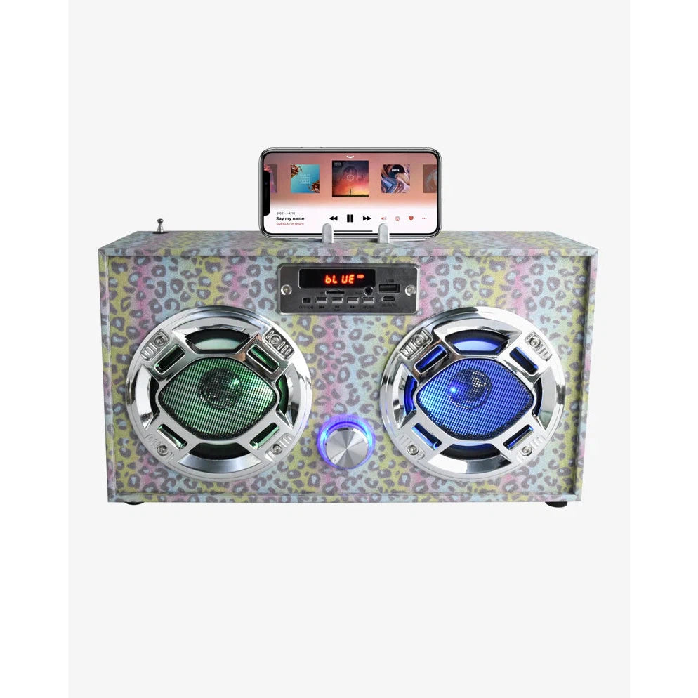 Trend Tech Glitter Leopard Bluetooth Wireless Boombox with FM Radio and LED Lights