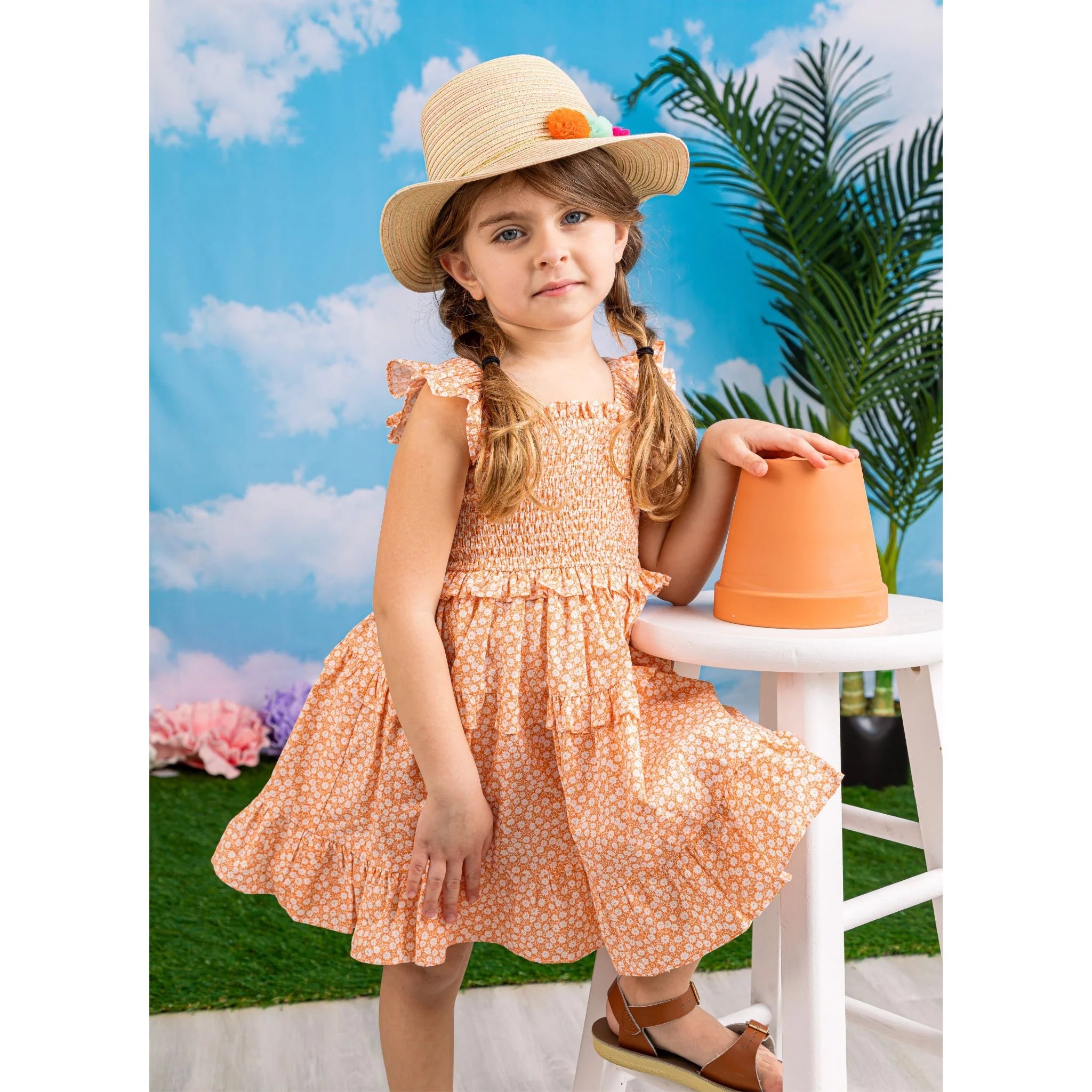 Andy & Evan Soft Cotton Orange Floral Ruffled Smock Dress for Girls