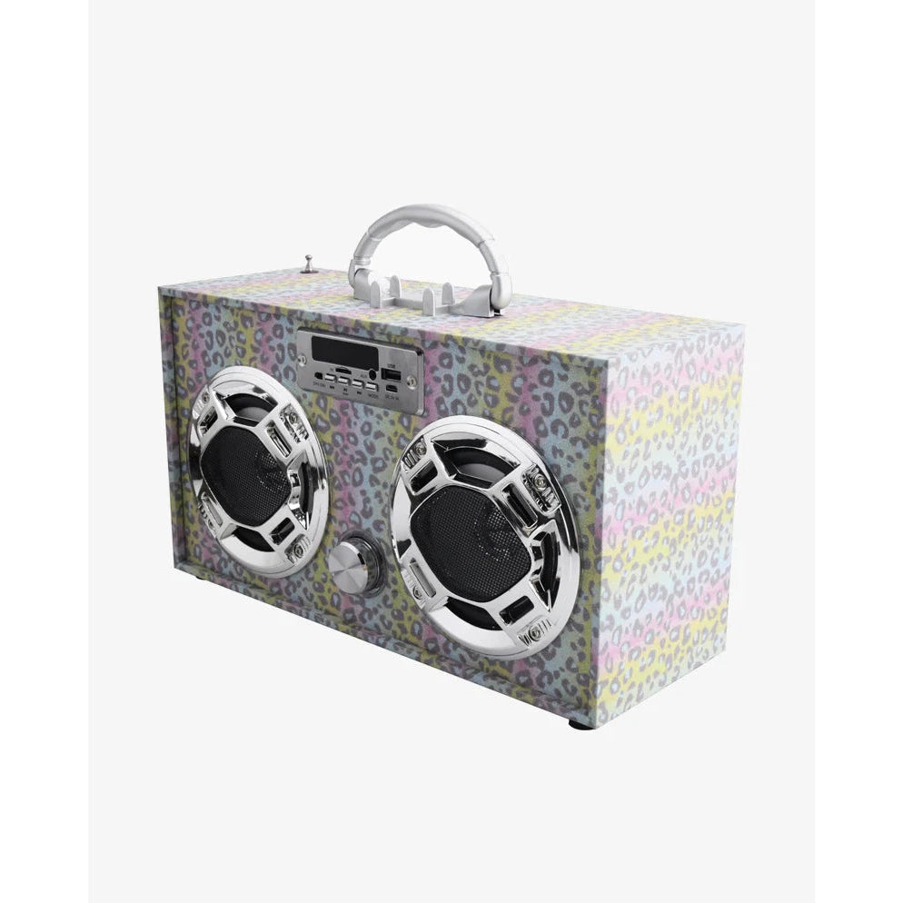 Trend Tech Glitter Leopard Bluetooth Wireless Boombox with FM Radio and LED Lights