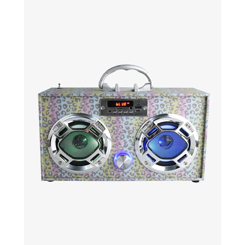 Trend Tech Glitter Leopard Bluetooth Wireless Boombox with FM Radio and LED Lights