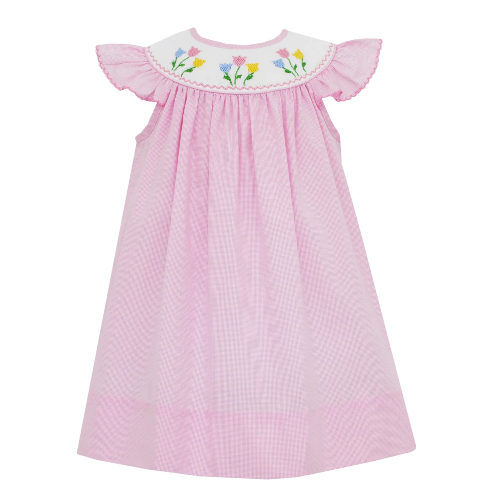 Petit Bebe Angel Wing Bishop Smocked Pink Mini Check Tulip Garden Dress