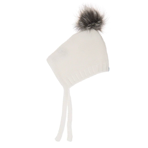 Ivory Beba Bean Knit Hat with Adorable Faux Fur Pom Pom