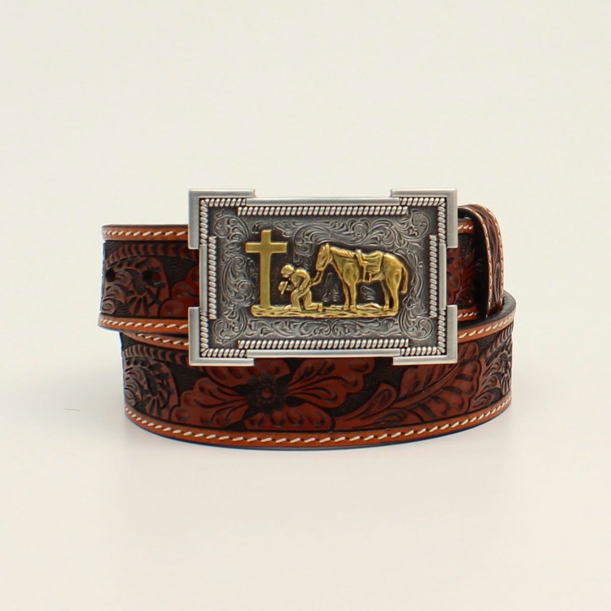 3D Toddler Boys' Floral Tooled Cowboy Prayer Leather Belt, 1 1/4 Tan