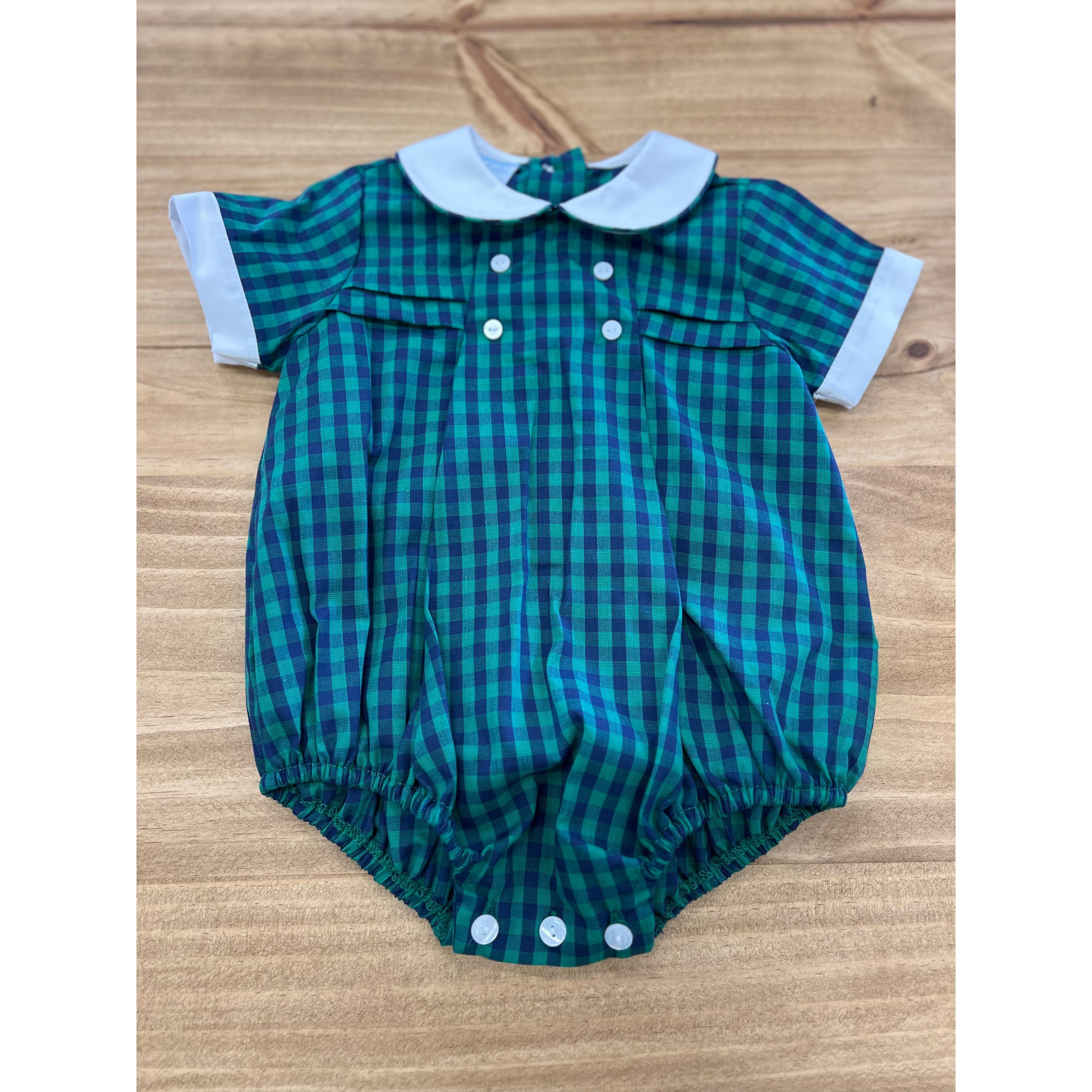 Petit Bebe Boy's Short Bubble in Green & Navy Gingham - Great Deal!