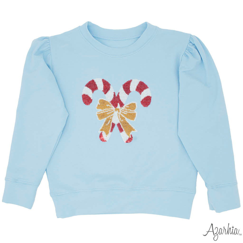Azarhia Light Blue Christmas Holly Sequin Candy Canes Sweatshirt - On Sale