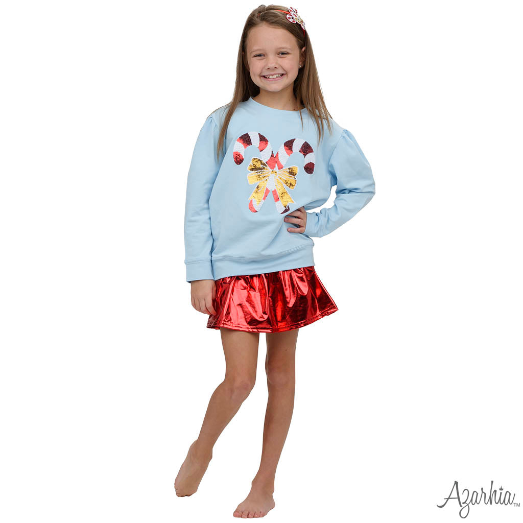 Azarhia Light Blue Christmas Holly Sequin Candy Canes Sweatshirt - On Sale