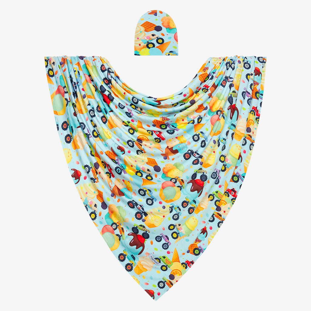 Posh Peanut Infant Monster Trucks Swaddle & Beanie Set - Great Gift!