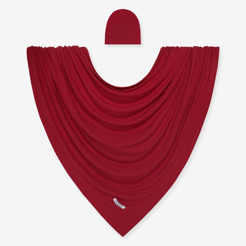 Posh Peanut Infant Dark Red Ribbed Swaddle and Matching Beanie Set