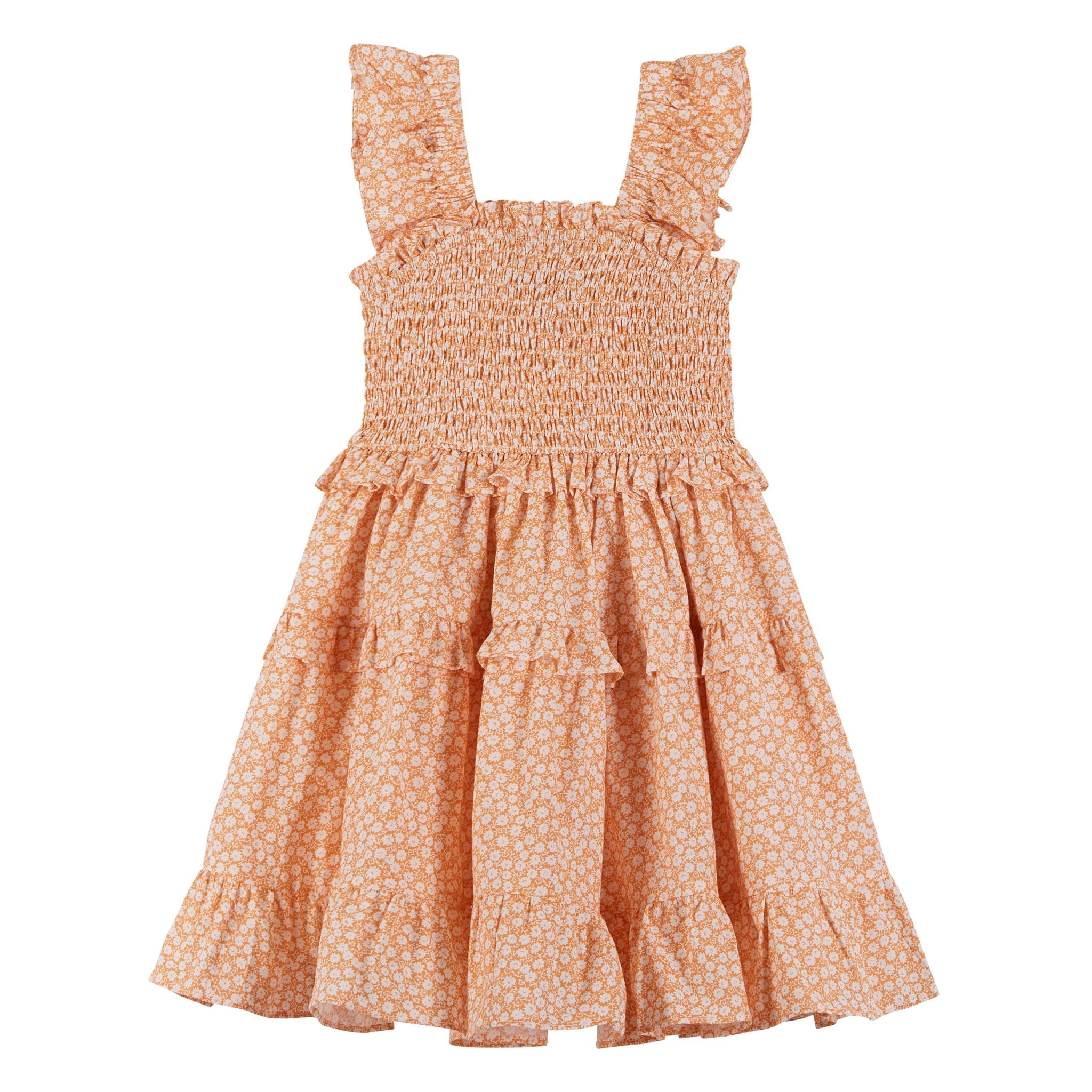 Andy & Evan Soft Cotton Orange Floral Ruffled Smock Dress for Girls