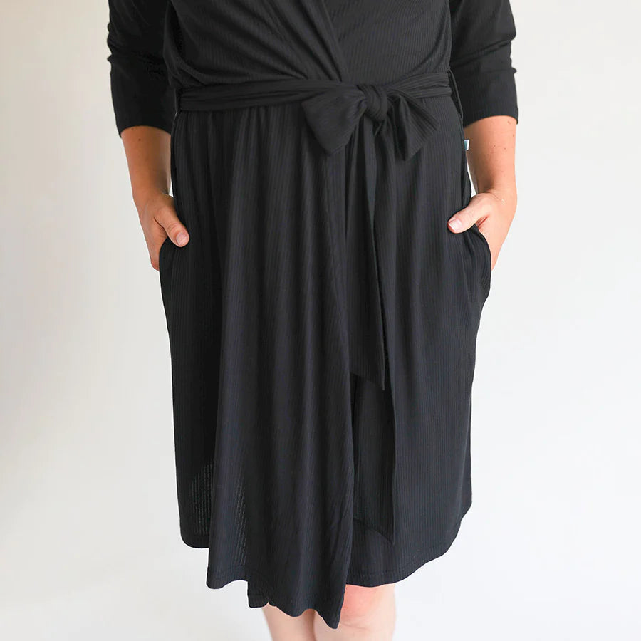 Black Solid Ribbed Luxury Mama Robe by Posh Peanut