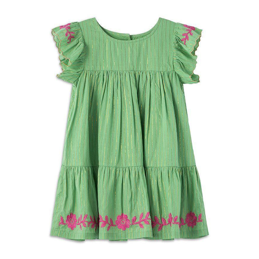 Green Peek Kids Flutter Sleeve Tiered Cotton Gauze Dress