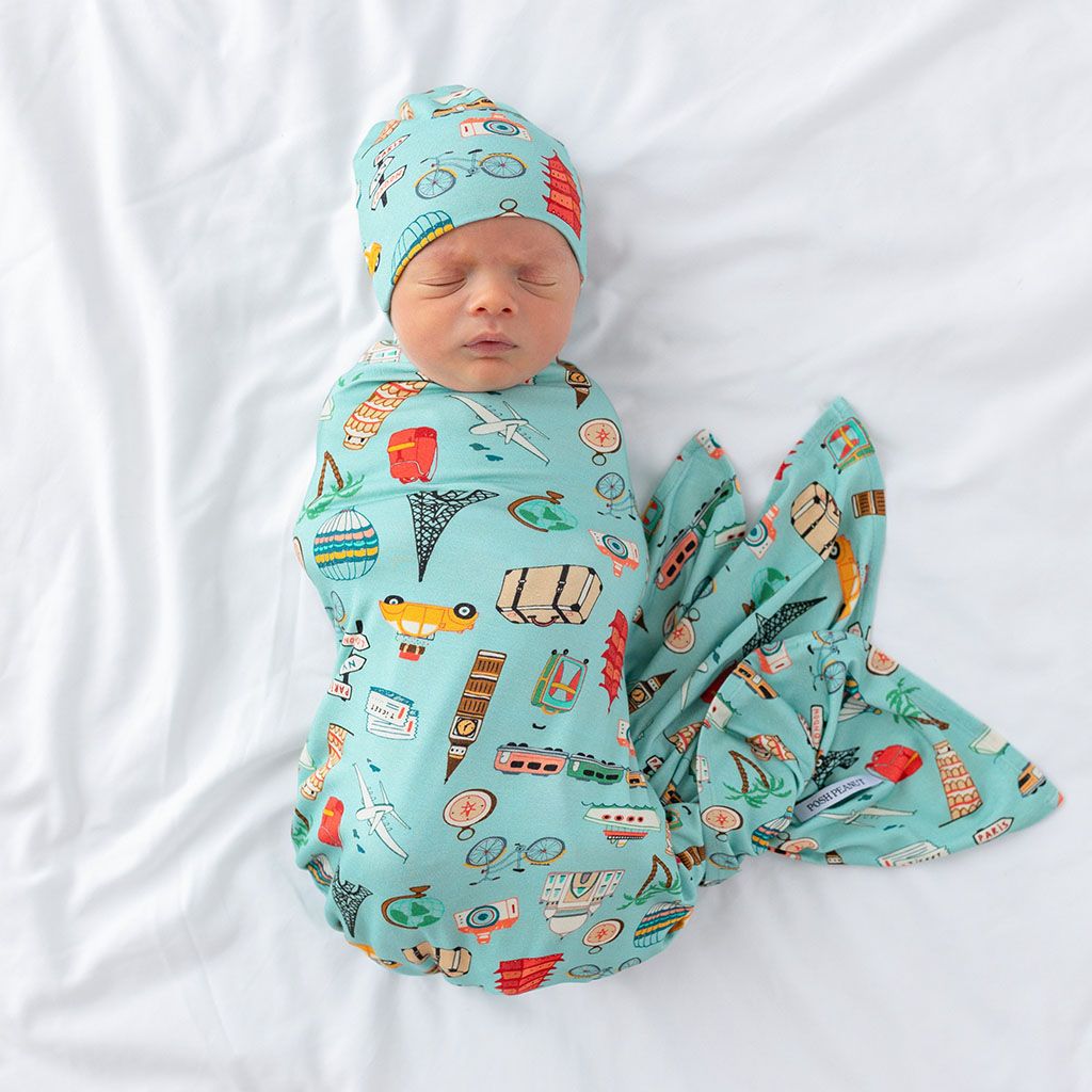 Posh Peanut Breathable Infant Swaddle and Matching Beanie Set - Around the World Theme