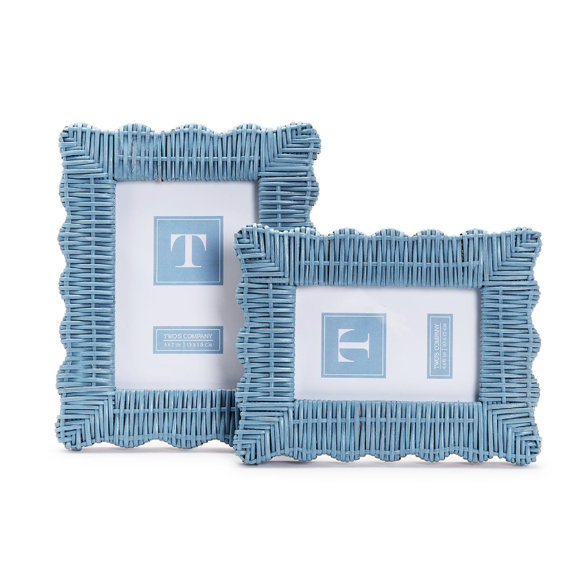 Two's Company 5 x 7 Blue Rattan Woven Photo Frame with Rustic Elegance