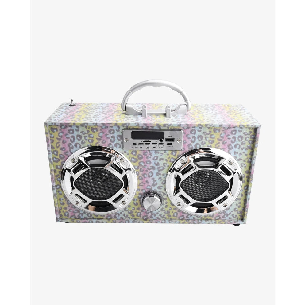 Trend Tech Glitter Leopard Bluetooth Wireless Boombox with FM Radio and LED Lights