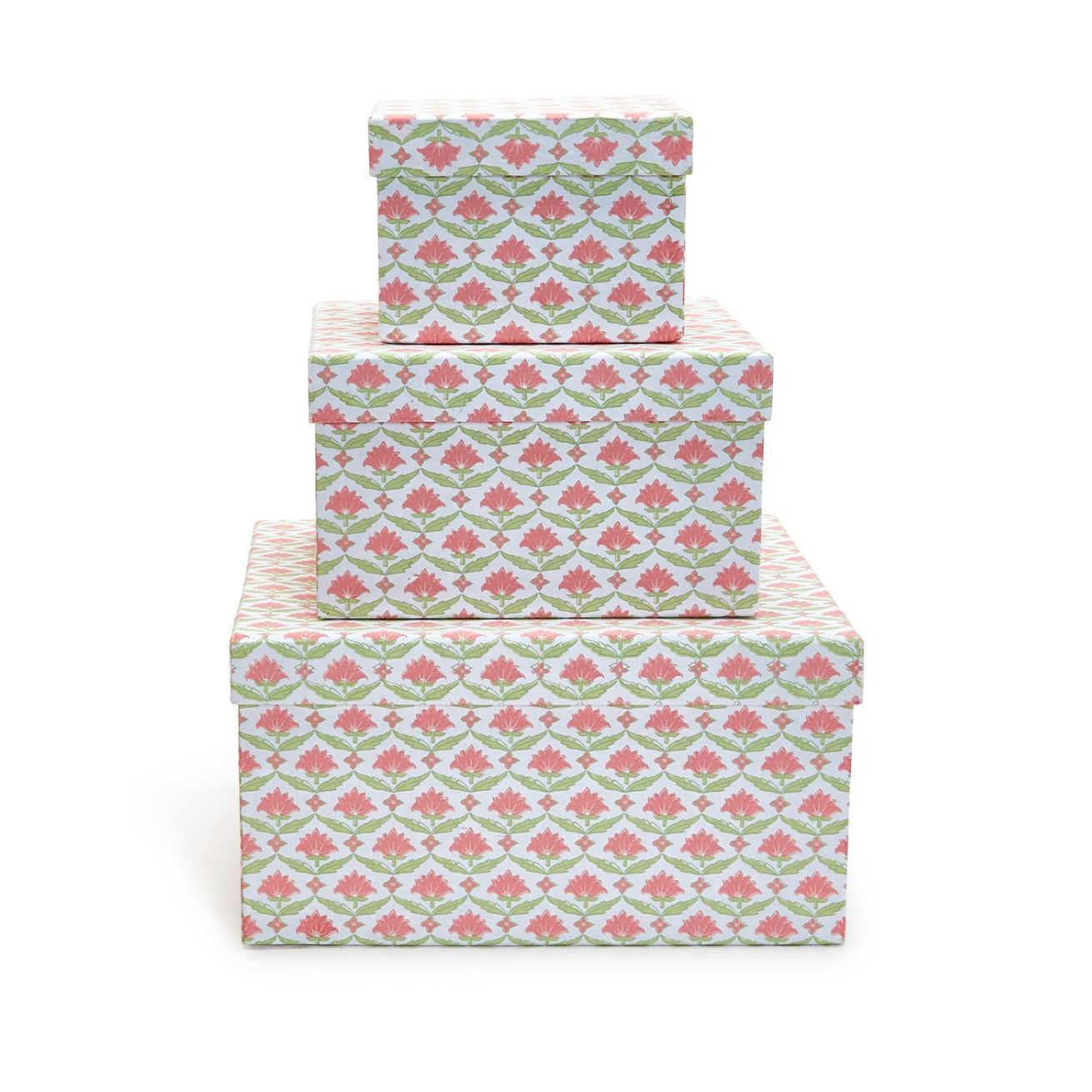 Stylish Floral Block Print Set of 3 Nested Cotton Paper Boxes