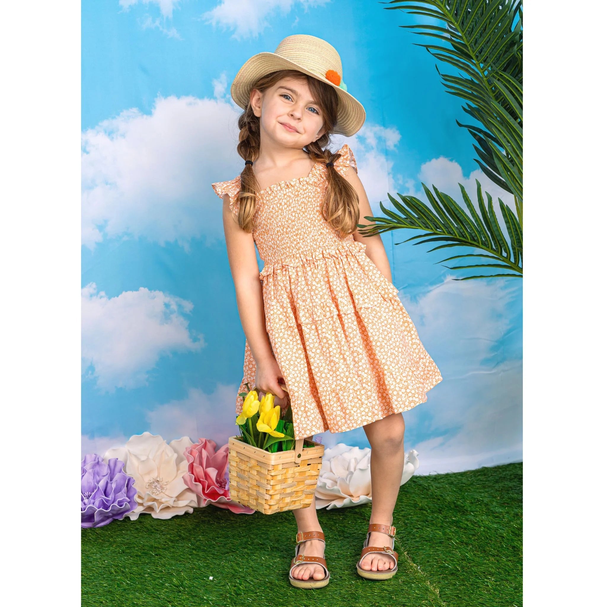 Andy & Evan Soft Cotton Orange Floral Ruffled Smock Dress for Girls