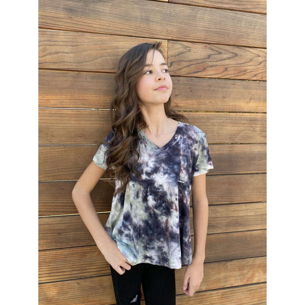 Hot Deal! Trendy Tie Dye Paper Flower Baby Doll Top - Shadow Asphalt