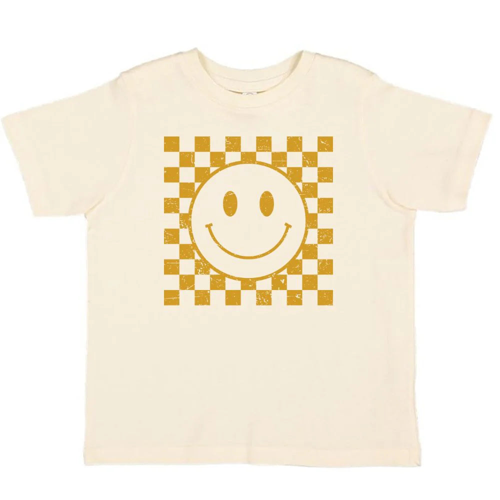 Trendy Sweet Wink Hazel Smiley Checker Short Sleeve Toddler Unisex T-Shirt in Natural Color